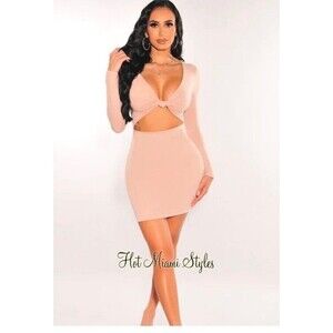 Hot Miami style NUDE V NECK KNOTTED CUT OUT LONG SLEEVE DRESS Size L